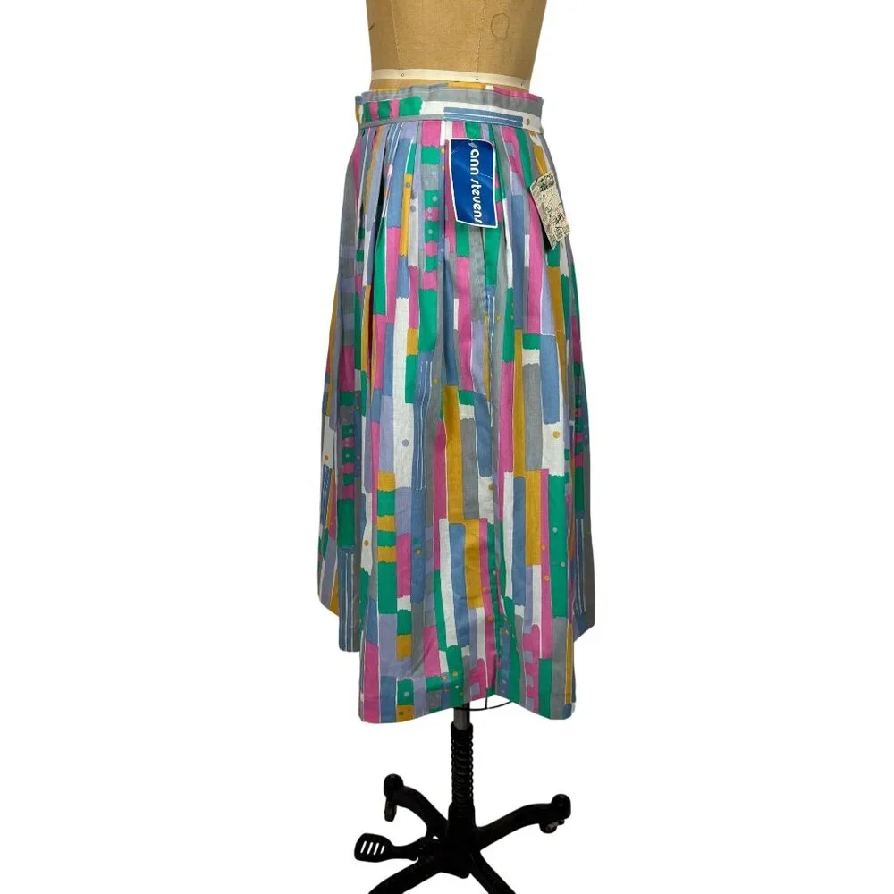 Vintage 80s Cotton Skirt Womens Small Deadstock Pastel 50s Style Pleated - Picture 5 of 10
